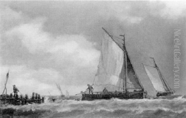 Coastal Vessels Off A Jety In Choppy Seas - view 1