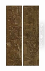 Soldiers And Others On Horseback By An Encampment, A Burning City Beyond; A Battle Scene By A River, A City Beyond (collab. W/studio; Pair) by Niccolo Alunno da Foligno