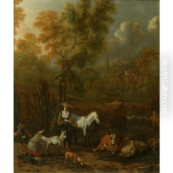 Herdsmen And Livestock In A Glade - view 1