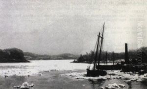 Winter River Scene With Boats Winter River Scene With Boats
