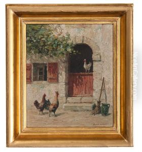Barnyard Scene With Roosters