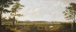 A View Of Old Walton Bridge From The North Looking Upstream With Elegant Figures Conversing In The Foreground Meadow by Joseph Nichols