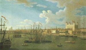 A View Of The Thames, From The South Bank, Looking North-west Towards The Tower Of London And St. Paul's Cathedral by Joseph Nichols