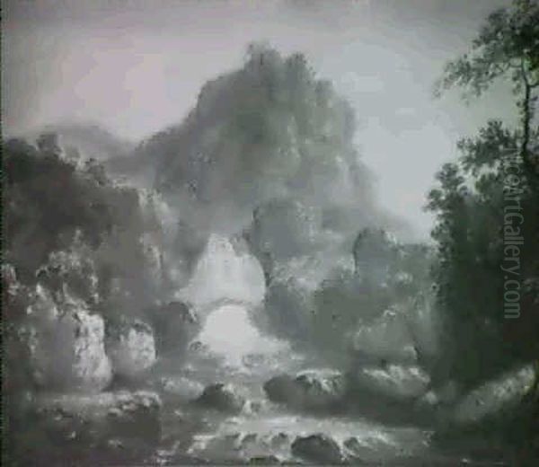 Rocky River Landscape With A Bridge By A Waterfall - view 1
