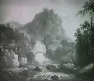 Rocky River Landscape With A Bridge By A Waterfall by Francis Nicholson