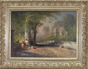 A Group Of Figures Near A Wooded Path