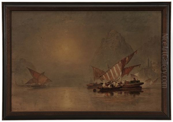 View Of Boats, Egypt, With A Fortress Atop A Rocky Promontory - view 1