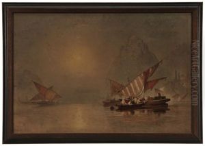 View Of Boats, Egypt, With A Fortress Atop A Rocky Promontory