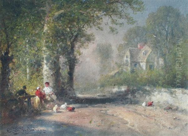 Country Road With Figures At Rest, Chickens And Country Estate In Background - view 1