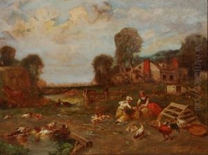 Farm Scene With Figures And Animals by George Washington Nicholson