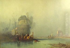 Figures With A Sledge Crossing A Frozen River With A Windmill Beyond