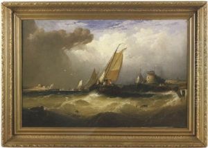 Harbor Scene Of Sailboats Navigating Through A Channel by George Washington Nicholson