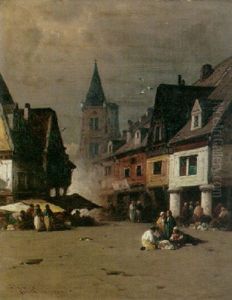 A View Of The Town Square With Figures At Market Stalls, Dieppe by George Washington Nicholson