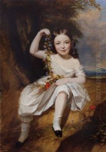 Portrait Of A Girl In A White Dress, Holding A Garland Of Flowers, In A Landscape