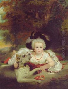 Portrait Of A Young Girl, Full-length, Wearing A Lace-edged Dress And Bonnet With Peacock Feather, Lying On A Pink Cloak