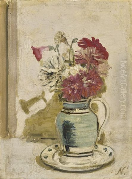 Petunias And Chrysanthemums In A Mocha Jug - view 1