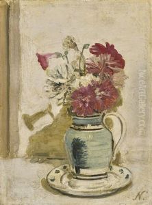 Petunias And Chrysanthemums In A Mocha Jug