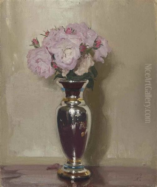 Pink Roses In A Silver Lustre Vase by William Nicholson