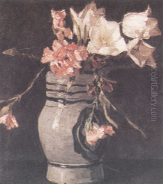 Tulips And Pinks In An Earthenware Vase - view 1