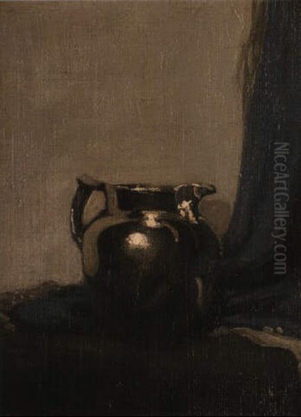 Pewter Jug And Blue Curtain - view 1
