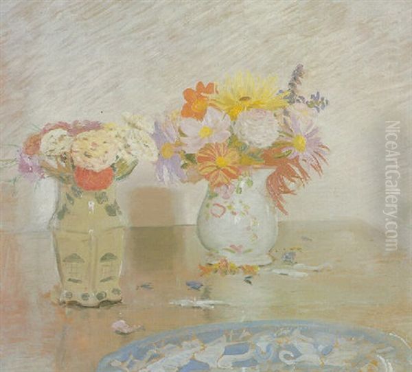 Two Vases Of Flowers And A Blue Plate - view 1