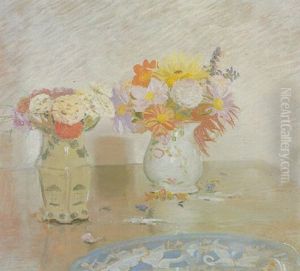 Two Vases Of Flowers And A Blue Plate by William Nicholson