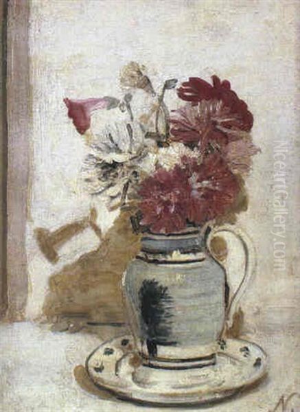 Chrysanthemums In A Blue Jug - view 1