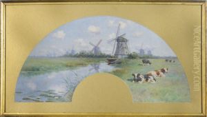 Dutch Polder Landscape With Cows Grazing By Windmills by Henry Singlewood Bisbing
