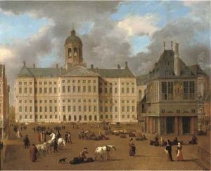 The Dam, With The Town Hall And The Waag, Amsterdam (collab. W/richard Brakenburgh) by Isaac van Nickele