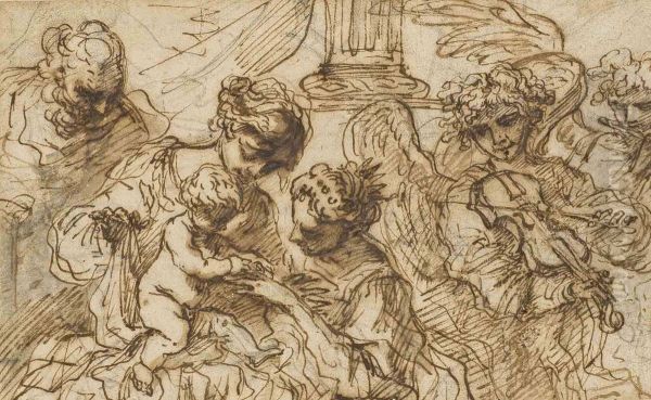 The Mystic Marriage Of Saint Catherine Black Chalk, Pen And Brown Ink, Brown And Grey Wash, Some Ink Galllosses, Unframed 4¾ X 7¾ - view 1