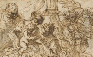 The Mystic Marriage Of Saint Catherine Black Chalk, Pen And Brown Ink, Brown And Grey Wash, Some Ink Galllosses, Unframed 4Â¾ X 7Â¾ by Bartolomeo Biscaino