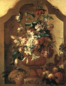 A Still Life Of Flowers In A Classical Urn, Surrounded By   Fruit, All In A Niche