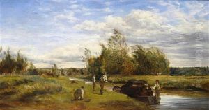 Figures At Work In A River Landscape by Erskine Nicol