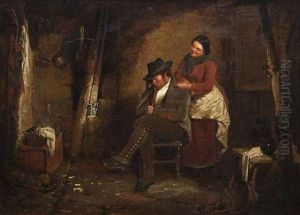 A Cottage Interior With A Man And A Woman by Erskine Nicol