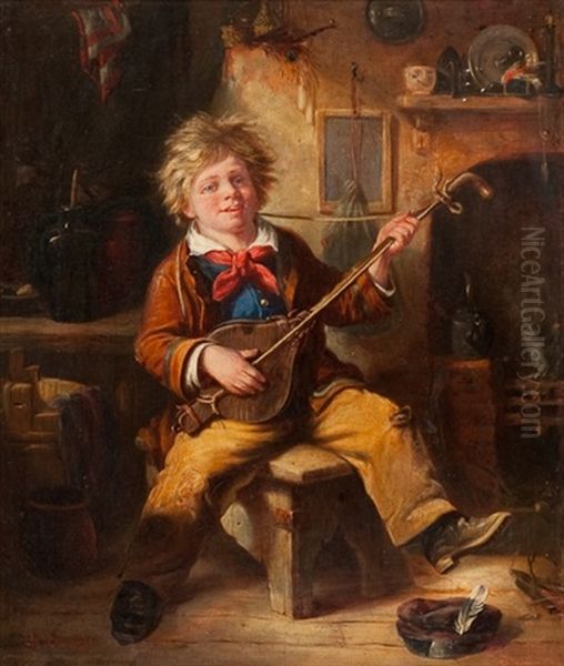 A Country Boy Playing By A Fire - view 1
