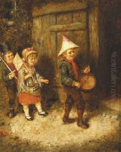 Three Children Playing At Marching Soldiers by Erskine Nicol
