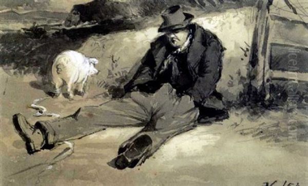 Man And A Pig By A Wall - view 1