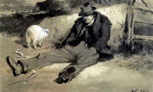 Man And A Pig By A Wall