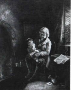 Fireside Evening With Grandfather And Son