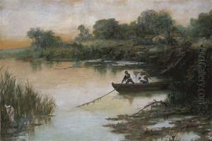 A River Landscape With Fishermen by Vicente Nicolau Cotanda