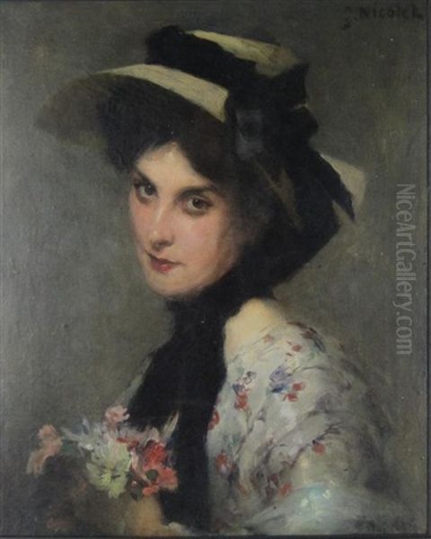 Portrait Of A Lady, Wearing A Bonnet, Holding Flowers - view 1