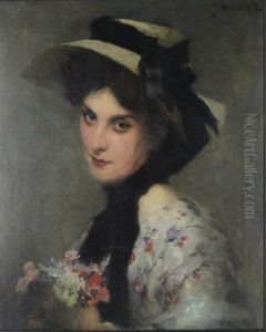 Portrait Of A Lady, Wearing A Bonnet, Holding Flowers by Gabriel Nicolet