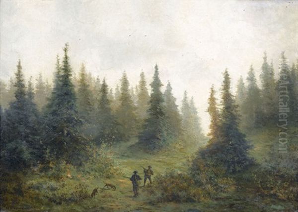 Zwei Jager Mit Hunden Bei Einem Tannenwald - view 1