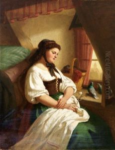 Gedankenverloren. Junges Madchen Bei Der Naharbeit Am Fenster Blickt Auf Taubenparchen by August Heinrich Niedmann