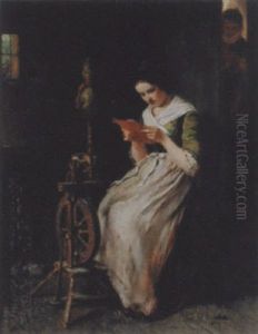 Junge Frau Mit Spinnrad, Einen Brief Lesend by August Heinrich Niedmann