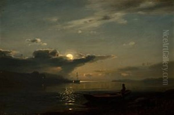 Maaneskinn Over Bankefjord Seet Fra Saanum (ved Mandal) by Amaldus Clarin Nielsen