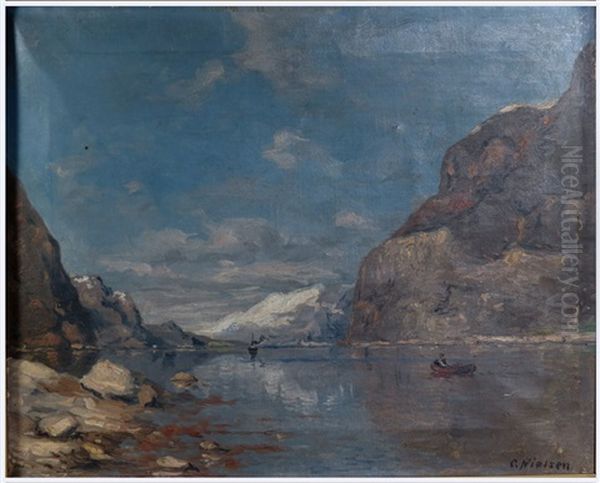 Mountain Lake, Man In Row Boat - view 1
