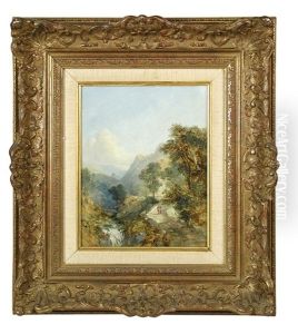 Two Soldiers Marching Up A Track On A Mountain Range, Past A Waterfall by Edmund John Niemann