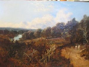 A Drover With Two Grey Horses On A Country Road And River Beyond by Edmund John Niemann