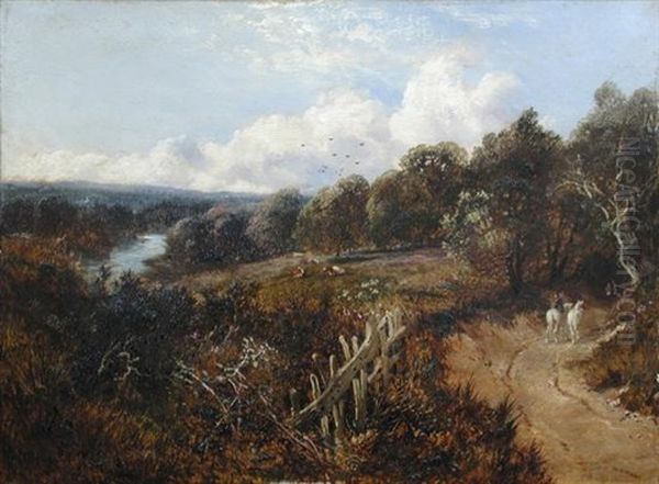 A Drover With Two Grey Horses On A Country Road, A River Beyond - view 1